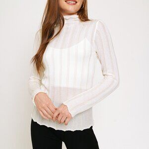 MYSTREE Sheer White Mock Neck Long Sleeve Top, Lightweight Mesh Knit Blouse